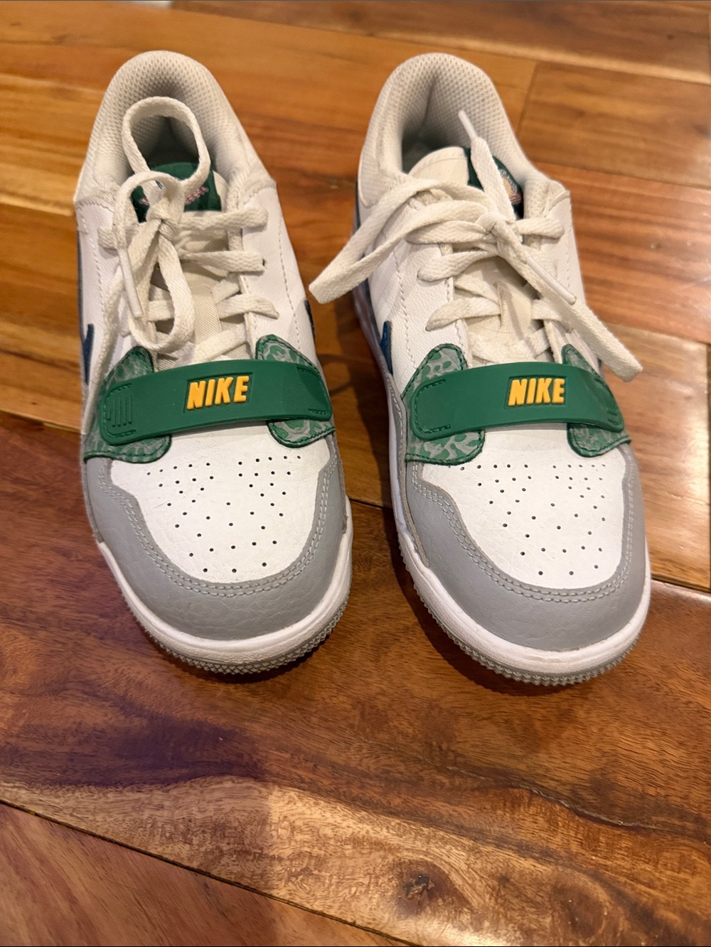 Nike Kids Air Jordan’s White, Green & Gray Low-Top Sneakers